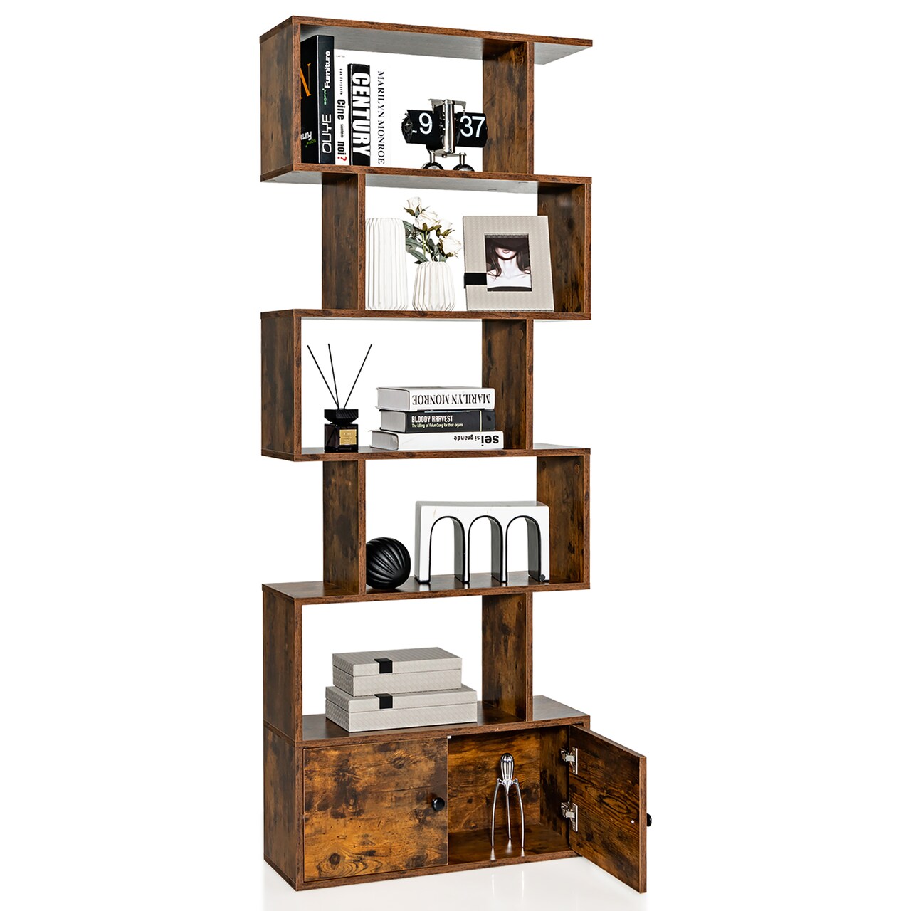 Costway Bookshelf with Cabinet 6-Tier S-Shaped Bookcase Storage Rack Rustic Brown/White/Black